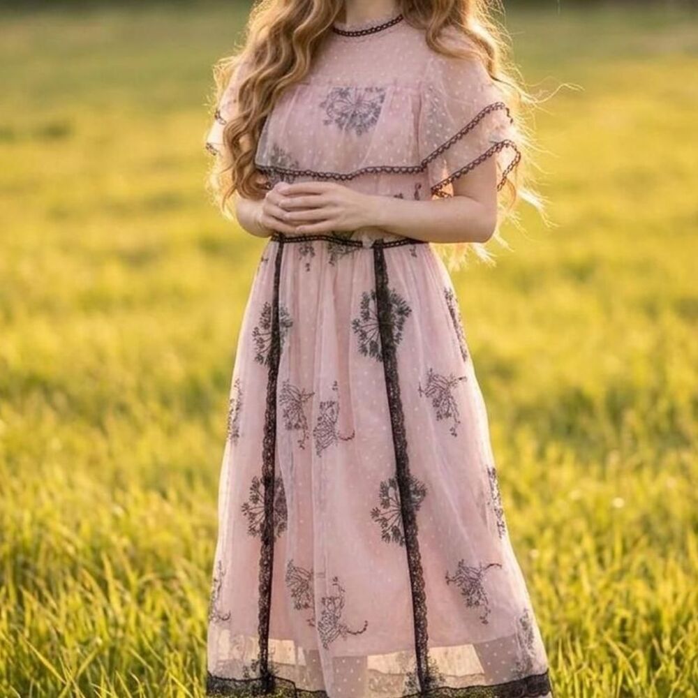 Pink Tulle & Black Lace Dandelion Midi Dress S/M Cottagecore feminine handmade